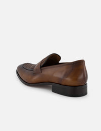 Mocasín en piel napa trenzada color cuero para hombre