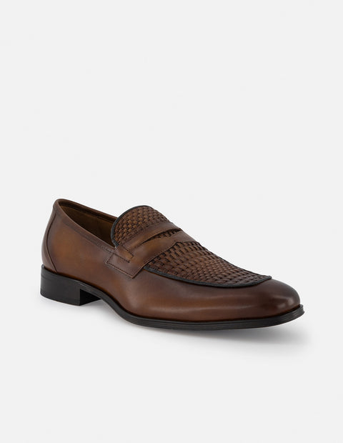 Mocasín en piel napa trenzada color cuero para hombre