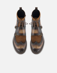 Botin en piel y ante color caoba con sombreados en aerografo y picado María para hombre