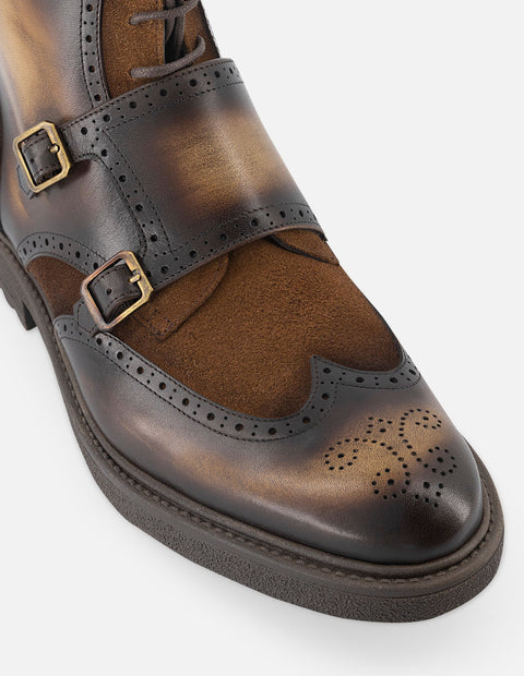 Botín caoba piel y ante hombre con sombreados aerógrafo y picado