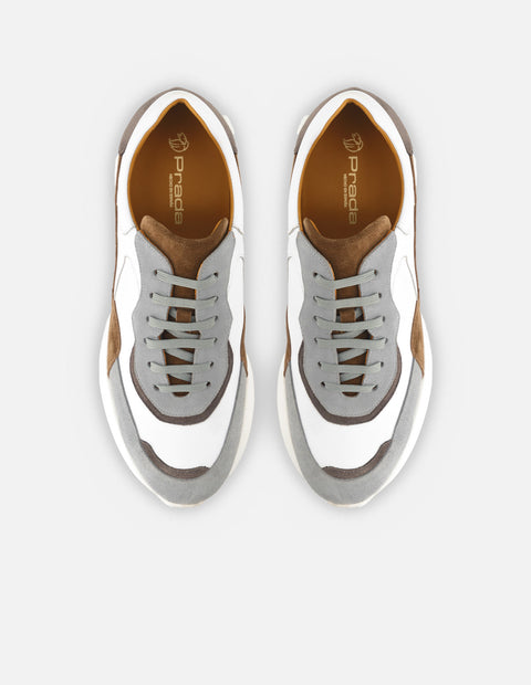 Tenis en piel napa color blanco con aplicaciones de ante para hombre