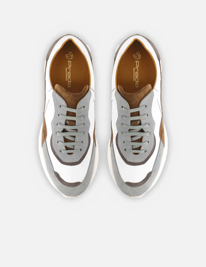 Tenis en piel napa color blanco con aplicaciones de ante para hombre