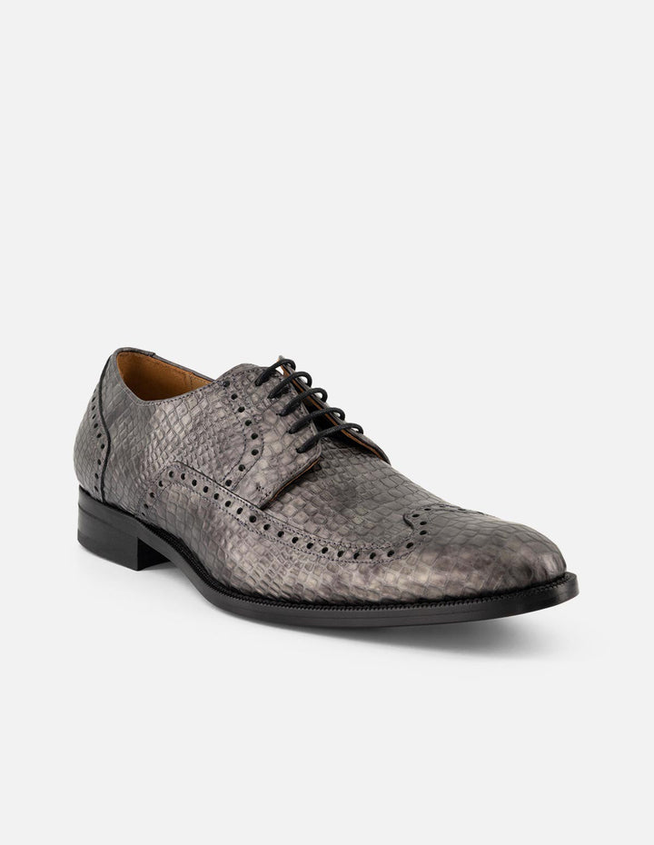 Zapato Blucher gris piel grabada tipo coco para hombre con detalles en picado