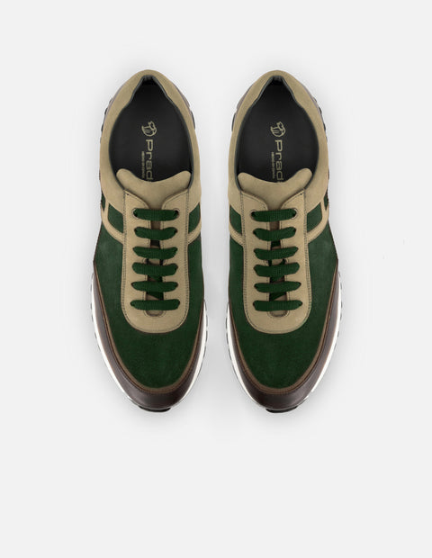 Tenis verde de piel con ante para hombre con combinación de materiales