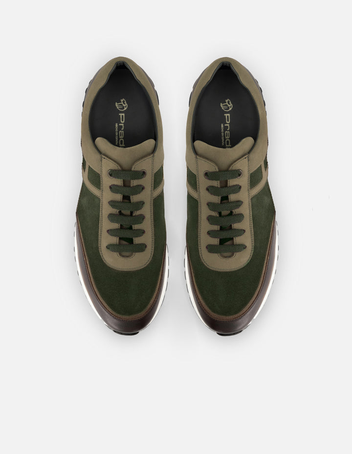 Tenis verde de piel con ante para hombre con combinación de materiales