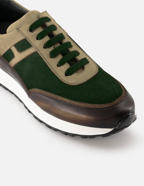 Tenis verde de piel con ante para hombre con combinación de materiales