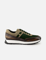 Tenis verde de piel con ante para hombre con combinación de materiales