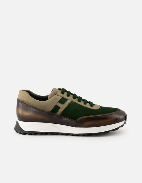 Tenis verde de piel con ante para hombre con combinación de materiales