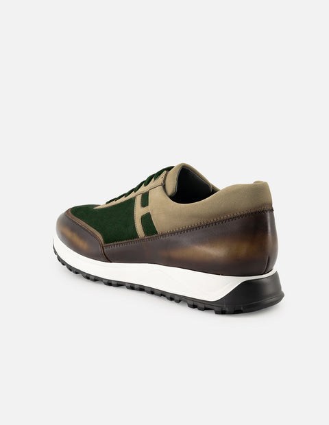 Tenis verde de piel con ante para hombre con combinación de materiales