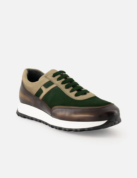 Tenis verde de piel con ante para hombre con combinación de materiales