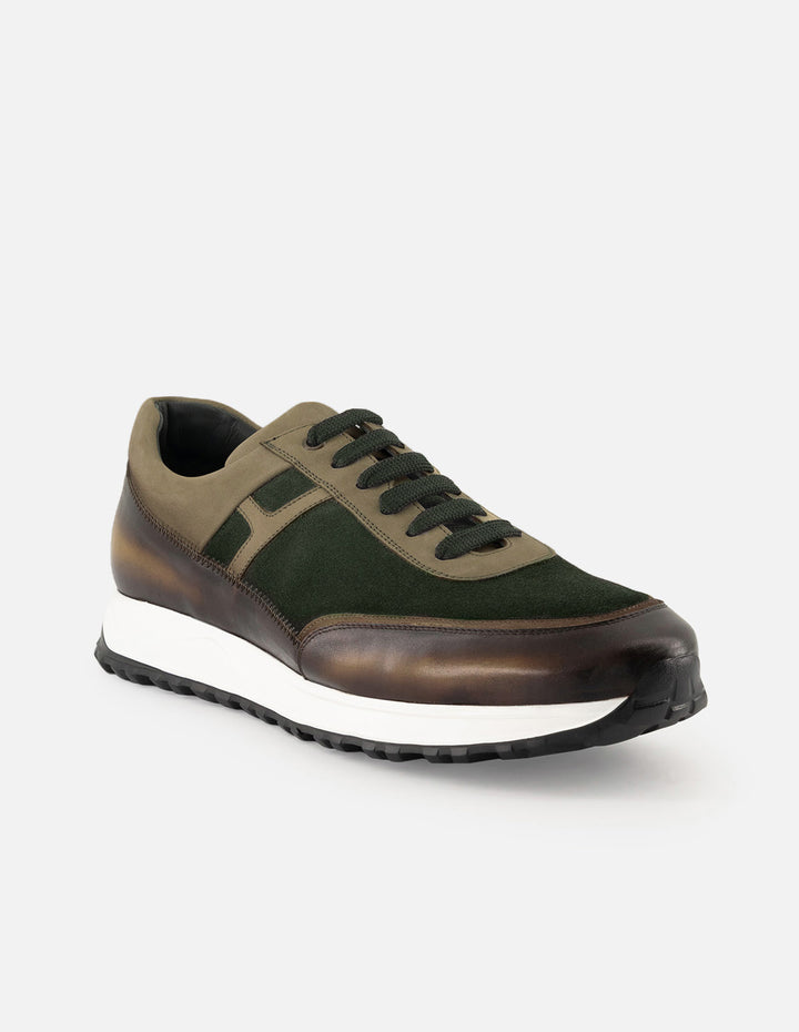 Tenis verde de piel con ante para hombre con combinación de materiales