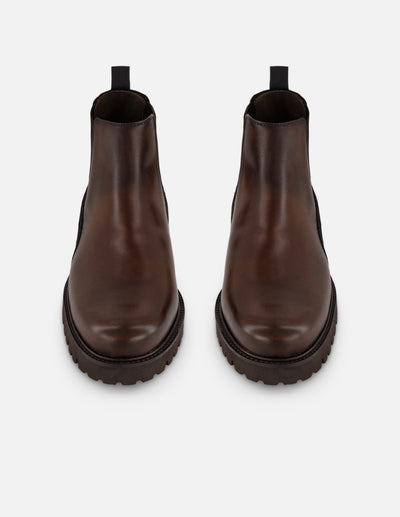 Botines Chelsea café de piel tipo coco para hombre con suela ligera