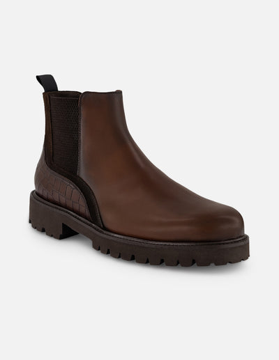 Botines Chelsea café de piel tipo coco para hombre con suela ligera
