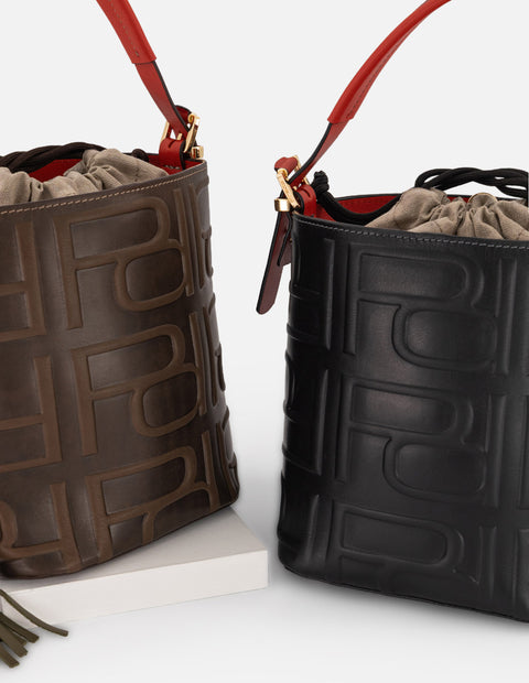 Bolso bucket café piel para mujer con logo Pd
