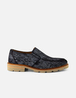 Mocasín en piel ante color azul con acabado metalizado para hombre