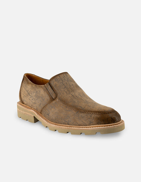 Mocasín en piel ante color beige con acabado metalizado para hombre