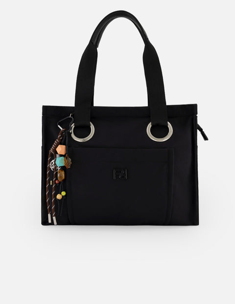 Bolso de mano negro nylon para mujer con adorno lateral