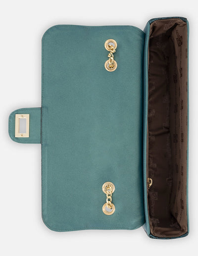 Satchel azul piel charol para mujer con acabado metalizado