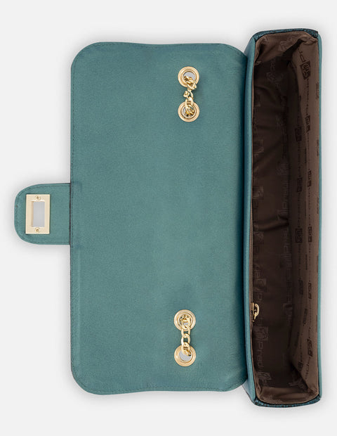 Satchel azul piel charol para mujer con acabado metalizado