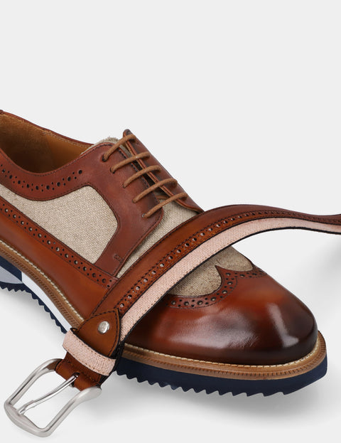 Blucher en piel y lino color cuero