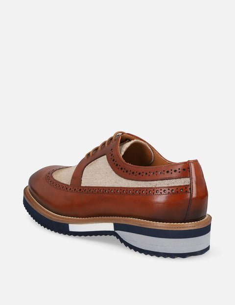 Blucher en piel y lino color cuero