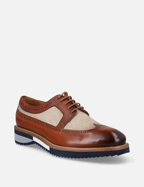 Blucher en piel y lino color cuero