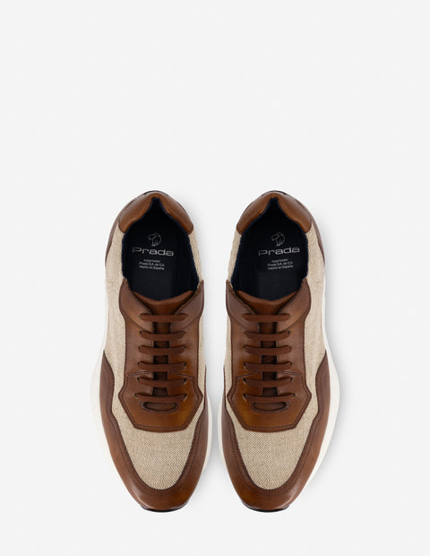 Tenis en textil y piel color cuero para hombre