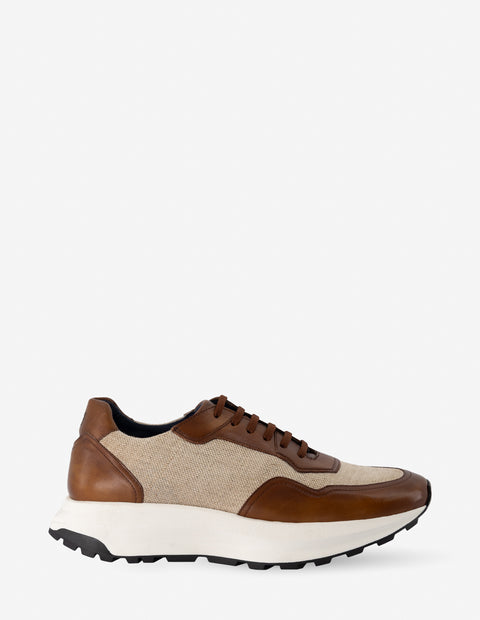 Tenis en textil y piel color cuero para hombre