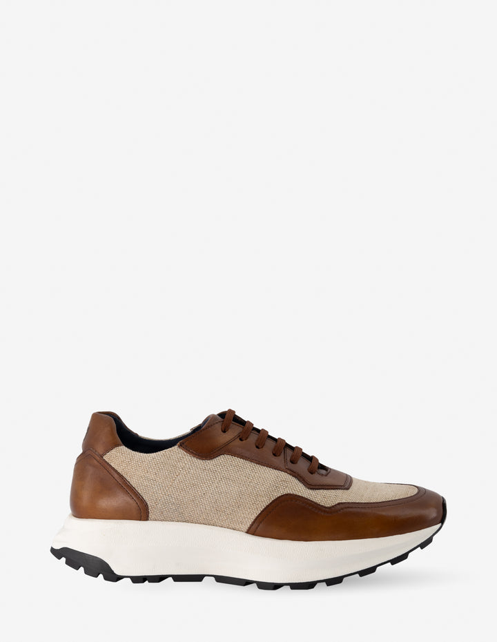 Tenis en textil y piel color cuero para hombre