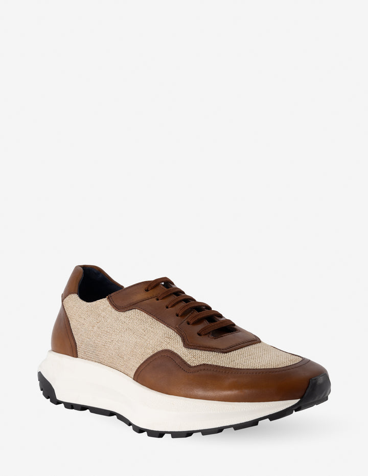 Tenis en textil y piel color cuero para hombre