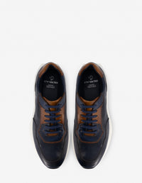 Tenis en piel color azul y cuero para hombre