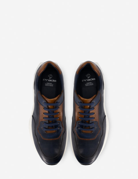 Tenis en piel color azul y cuero para hombre