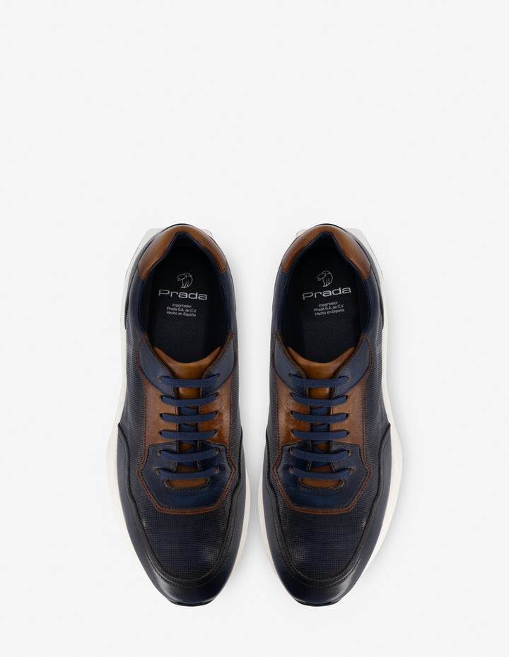 Tenis en piel color azul y cuero para hombre