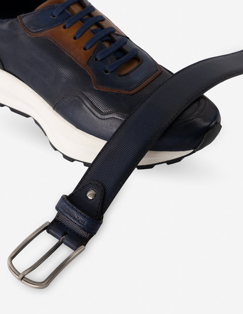 Tenis en piel color azul y cuero para hombre