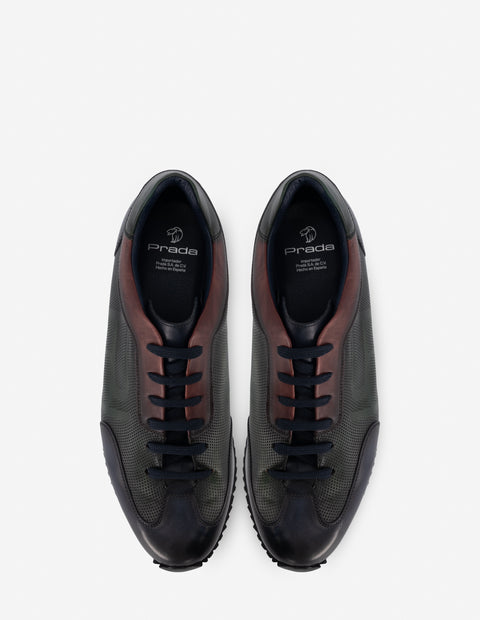 Tenis en piel color verde y caoba para hombre