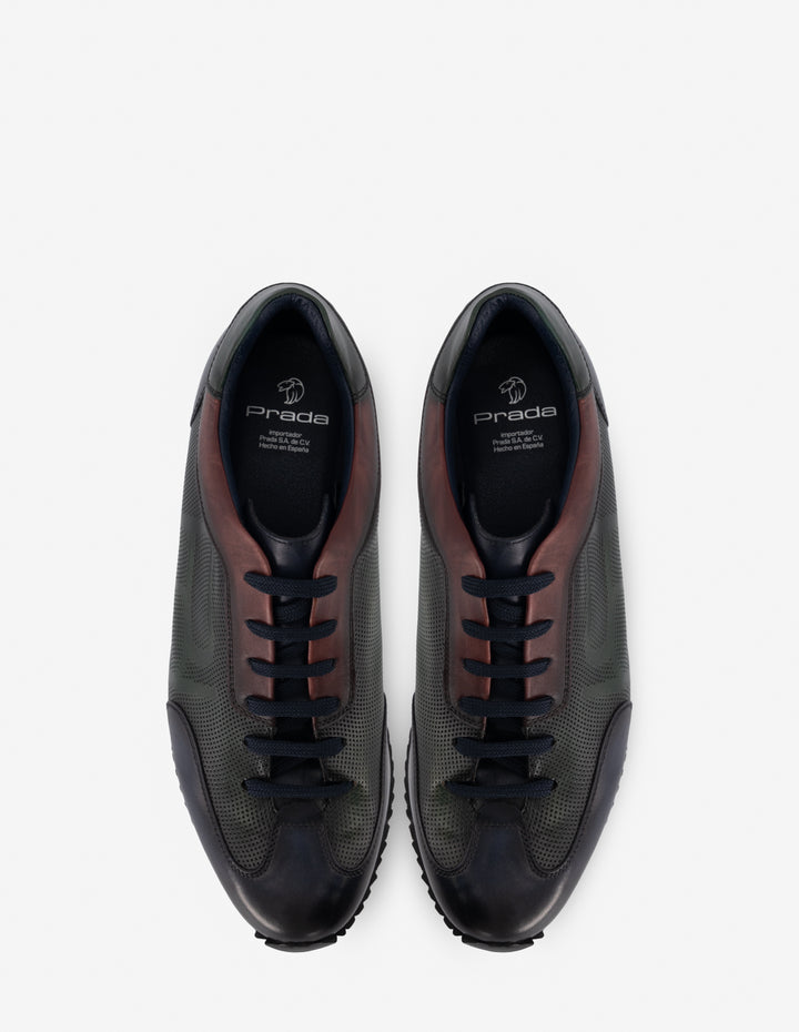 Tenis en piel color verde y caoba para hombre