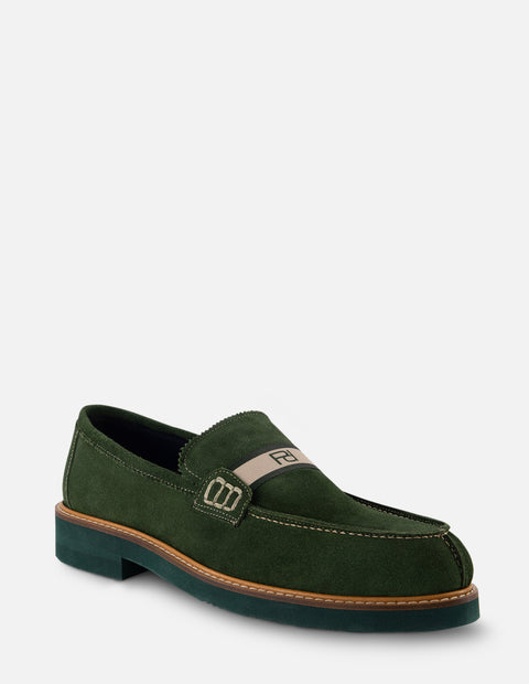 Mocasín en piel ante color verde con letras Pd para hombre
