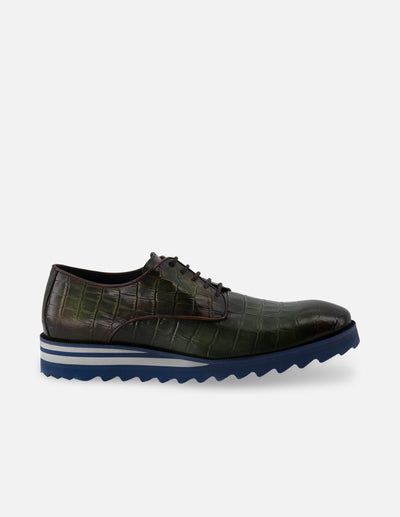 Blucher en piel napa color verde con grabado tipo coco y ensombrecido para hombre.