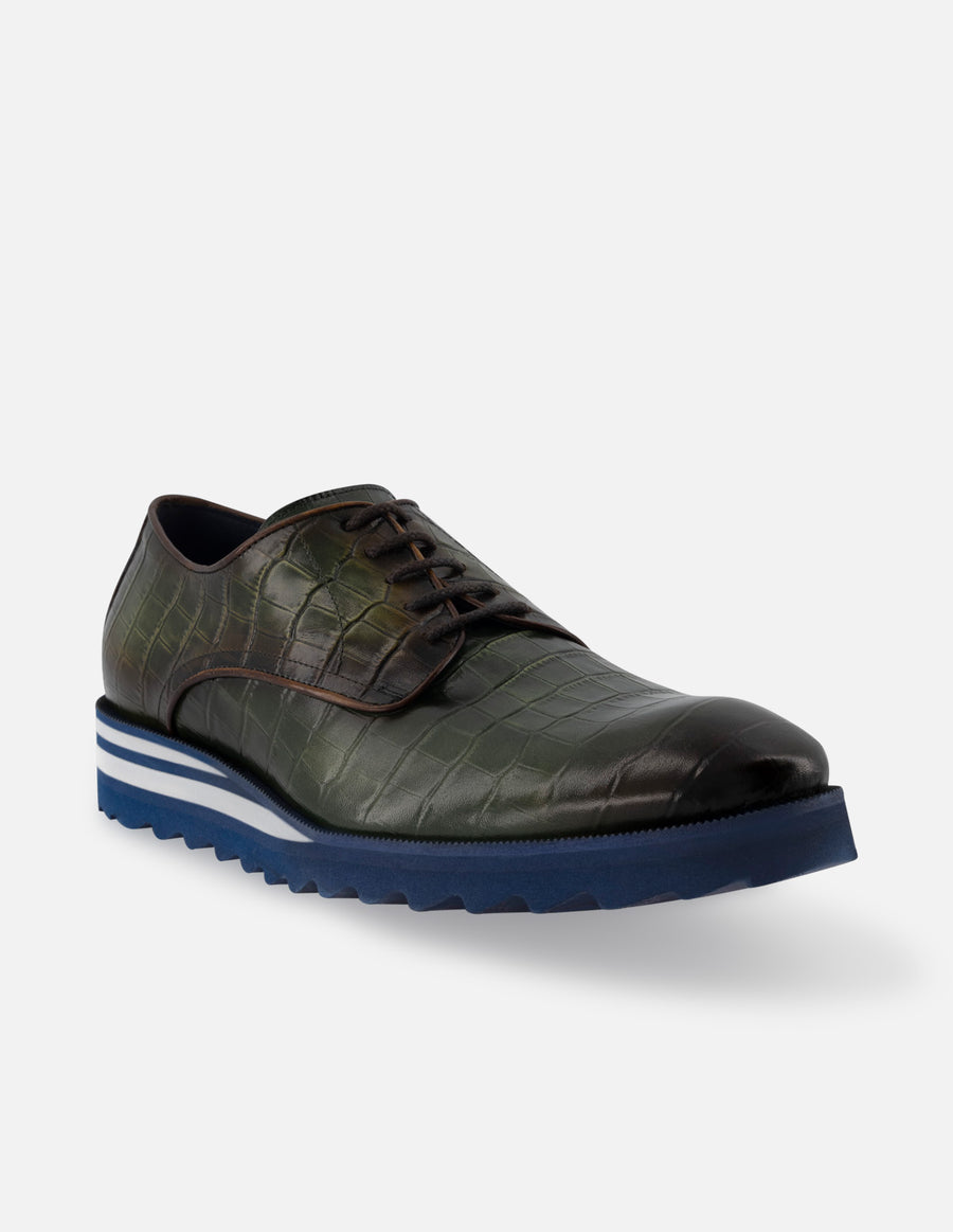 Blucher en piel napa color verde con grabado tipo coco y ensombrecido para hombre.
