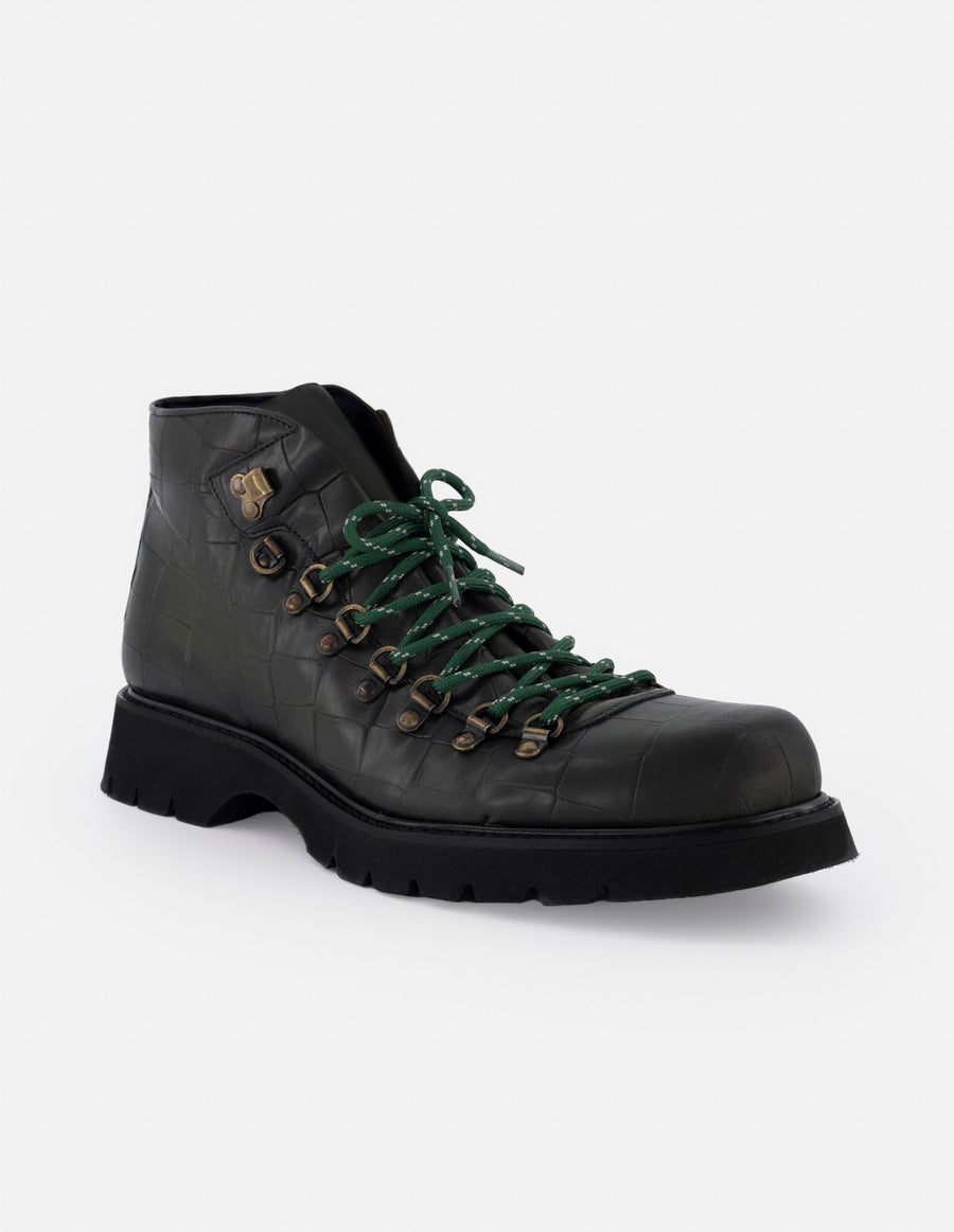 Botín de cordones en piel con grabado tipo coco color verde para hombre