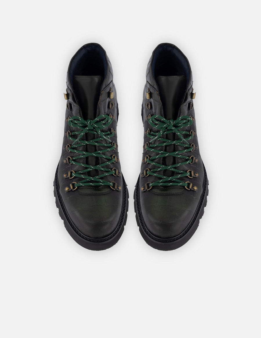 Botín de cordones en piel con grabado tipo coco color verde para hombre