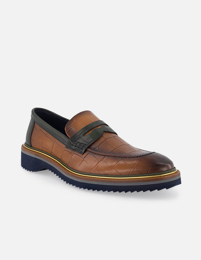 Mocasín en piel con grabado tipo coco en color caoba para hombre