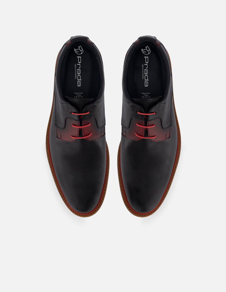 Blucher en piel napa color negro con detalles rojos y sombreado a mano para hombre