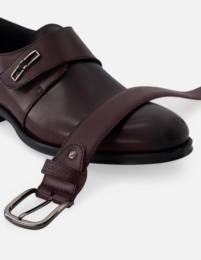 Monk de piel color vino con sombreados y velcro para hombre