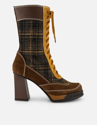 Botines color café piel textil con estampado tipo gales para mujer