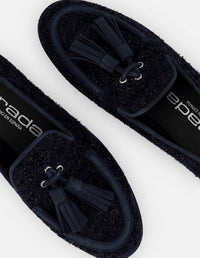 Mocasines azules para mujer con borlas y tweed