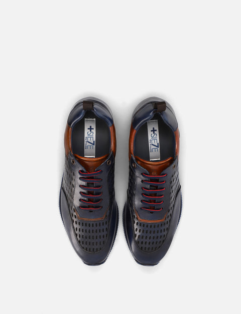Tenis +7 cm de altura en piel con picado color marino