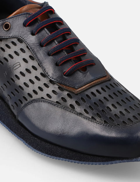Tenis +7 cm de altura en piel con picado color marino