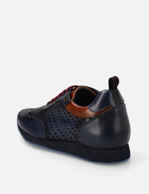 Tenis +7 cm de altura en piel con picado color marino