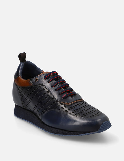 Tenis +7 cm de altura en piel con picado color marino